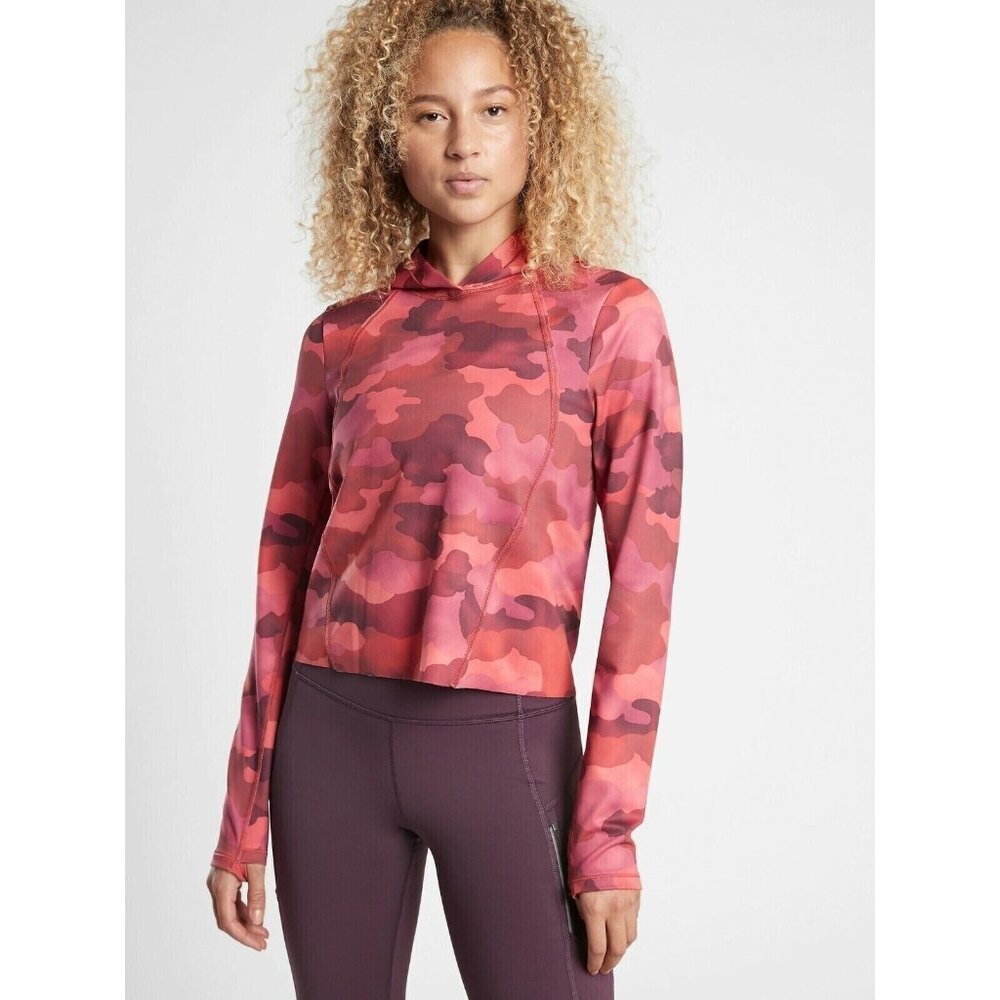 Athleta Pinnacle Cropped Hoodie Top Medium Red Mantra Print Thumb Holes